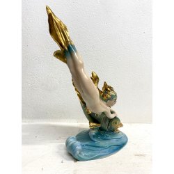 FIGURA CERAMICA SIRENA con PESCE 111 V.B.C.M. SMALTO POLICROMO COLAGGIO ART DECò