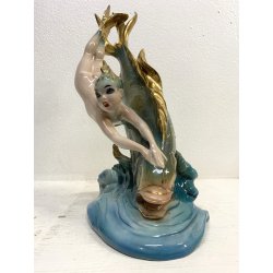 FIGURA CERAMICA SIRENA con PESCE 111 V.B.C.M. SMALTO POLICROMO COLAGGIO ART DECò