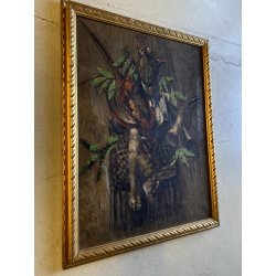 ANTICO DIPINTO OLIO TELA "AC" NATURA MORTA CACCIAGIONE FAGIANO LEPRE ALLORO '900