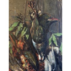 ANTICO DIPINTO OLIO TELA "AC" NATURA MORTA CACCIAGIONE FAGIANO LEPRE ALLORO '900