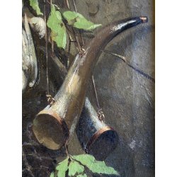 ANTICO DIPINTO OLIO TELA "AC" NATURA MORTA CACCIAGIONE FAGIANO LEPRE ALLORO '900