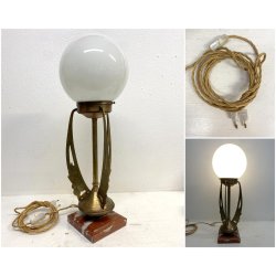 LAMPADA TAVOLO ABATJOUR ART DECò METALLO DORATO VETRO OPALINO BASE MARMO 57 cm/h