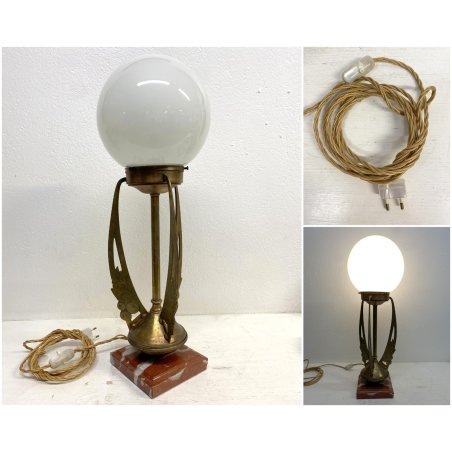LAMPADA TAVOLO ABATJOUR ART DECò METALLO DORATO VETRO OPALINO BASE MARMO 57 cm/h