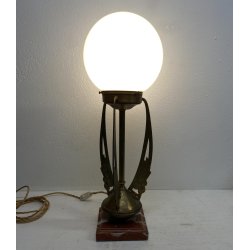 LAMPADA TAVOLO ABATJOUR ART DECò METALLO DORATO VETRO OPALINO BASE MARMO 57 cm/h