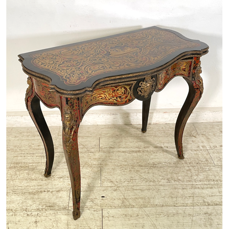 ANTICO TAVOLO DA GIOCO APRIBILE STILE BOULLE EPOCA '900 BRONDO DORATO INTARSIO