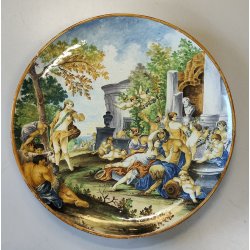 GRANDE ANTICO PIATTO PARATA 61cm 1800 CERAMICA MAIOLICA DIPINTO SCENA MITOLOGICA