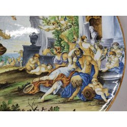 GRANDE ANTICO PIATTO PARATA 61cm 1800 CERAMICA MAIOLICA DIPINTO SCENA MITOLOGICA