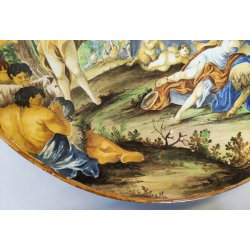 GRANDE ANTICO PIATTO PARATA 61cm 1800 CERAMICA MAIOLICA DIPINTO SCENA MITOLOGICA