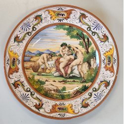 GRANDE ANTICO PIATTO PARATA 49cm 1800 CERAMICA MAIOLICA DIPINTO SCENA MITOLOGICA