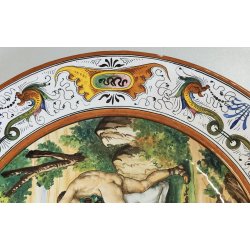 GRANDE ANTICO PIATTO PARATA 49cm 1800 CERAMICA MAIOLICA DIPINTO SCENA MITOLOGICA