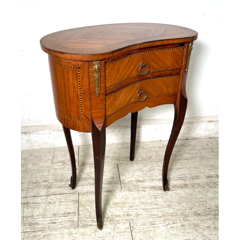 ANTICO COMODINO FAGIOLO LEGNO INTARSIATO DUE CASSETTI EPOCA META 1900 NIGHTTABLE