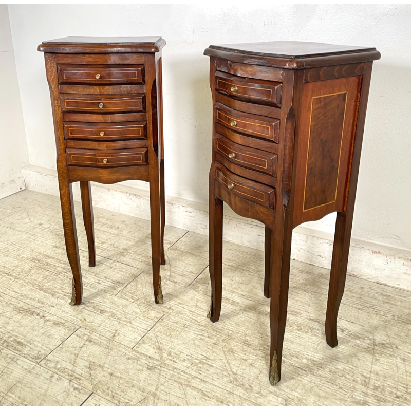 ANTICA COPPIA COMODINI LEGNO INTARSIATO LUIGI XV CASSETTI EPOCA 1900 NIGHT TABLE