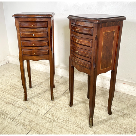 ANTICA COPPIA COMODINI LEGNO INTARSIATO LUIGI XV CASSETTI EPOCA 1900 NIGHT TABLE