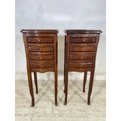 ANTICA COPPIA COMODINI LEGNO INTARSIATO LUIGI XV CASSETTI EPOCA 1900 NIGHT TABLE