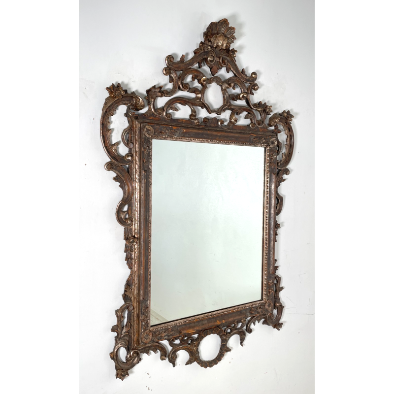 ANTICA SPECCHIERA BAROCCA CORNICE LEGNO FOGLIA ARGENTO DECORO LEGNO CONCHIGLIA