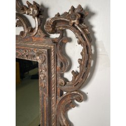 ANTICA SPECCHIERA BAROCCA CORNICE LEGNO FOGLIA ARGENTO DECORO LEGNO CONCHIGLIA