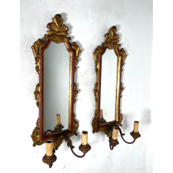 ANTICA COPPIA PICCOLE SPECCHIERE APPLIQUE 2 LUCI EPOCA '800 LUMI CORNICE DORATA