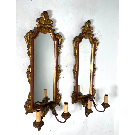 ANTICA COPPIA PICCOLE SPECCHIERE APPLIQUE 2 LUCI EPOCA '800 LUMI CORNICE DORATA