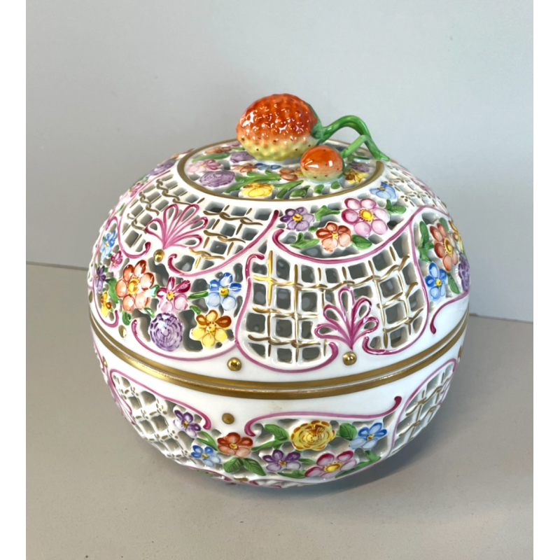 VASO PORCELLANA HEREND DIPINTO FLOREALE FIORI BARATTOLO SCATOLA BOMBONIERA 1960