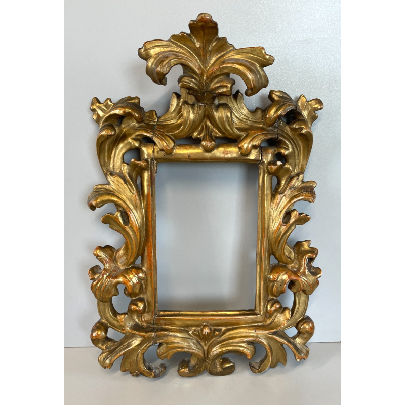ANTICA PICCOLA CORNICE BAROCCA DORATA LEGNO SCOLPITO 38 cm x 27 cm EPOCA 1850