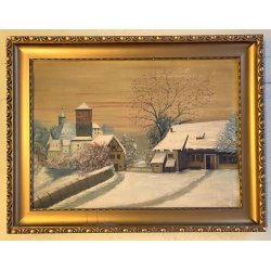 GRANDE DIPINTO OLIO PAESAGGIO VILLAGGIO NORDICO ANTICO BORGO INNEVATO '900