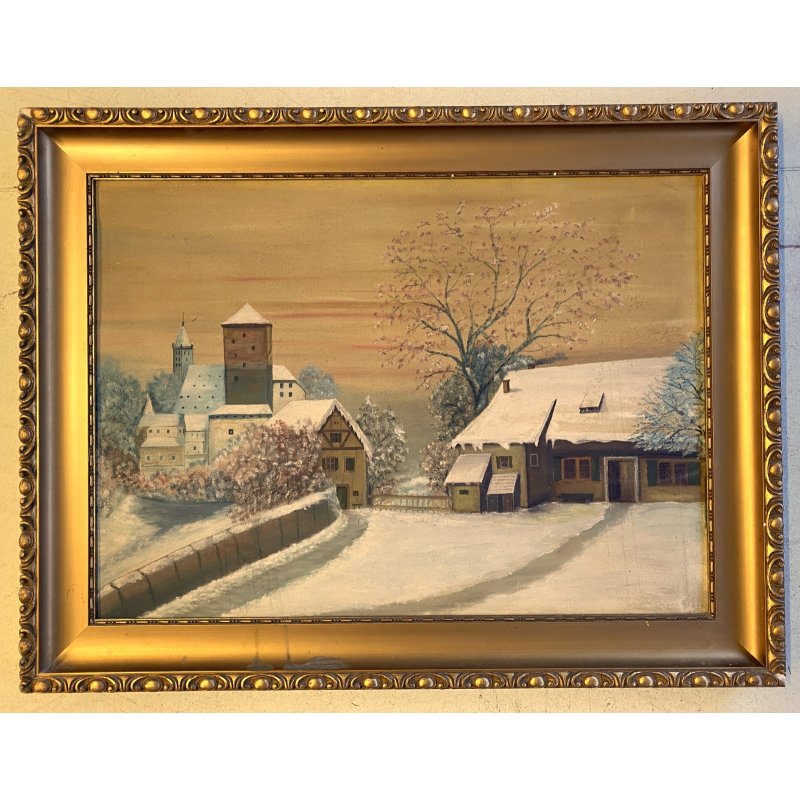 GRANDE DIPINTO OLIO PAESAGGIO VILLAGGIO NORDICO ANTICO BORGO INNEVATO '900