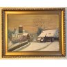 GRANDE DIPINTO OLIO PAESAGGIO VILLAGGIO NORDICO ANTICO BORGO INNEVATO '900
