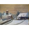 GRANDE DIPINTO OLIO PAESAGGIO VILLAGGIO NORDICO ANTICO BORGO INNEVATO '900