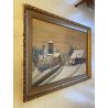 GRANDE DIPINTO OLIO PAESAGGIO VILLAGGIO NORDICO ANTICO BORGO INNEVATO '900