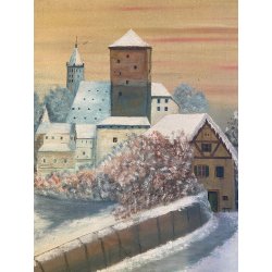 GRANDE DIPINTO OLIO PAESAGGIO VILLAGGIO NORDICO ANTICO BORGO INNEVATO '900