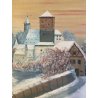 GRANDE DIPINTO OLIO PAESAGGIO VILLAGGIO NORDICO ANTICO BORGO INNEVATO '900