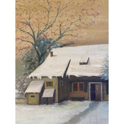 GRANDE DIPINTO OLIO PAESAGGIO VILLAGGIO NORDICO ANTICO BORGO INNEVATO '900