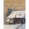 GRANDE DIPINTO OLIO PAESAGGIO VILLAGGIO NORDICO ANTICO BORGO INNEVATO '900