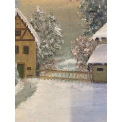 GRANDE DIPINTO OLIO PAESAGGIO VILLAGGIO NORDICO ANTICO BORGO INNEVATO '900