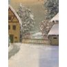 GRANDE DIPINTO OLIO PAESAGGIO VILLAGGIO NORDICO ANTICO BORGO INNEVATO '900