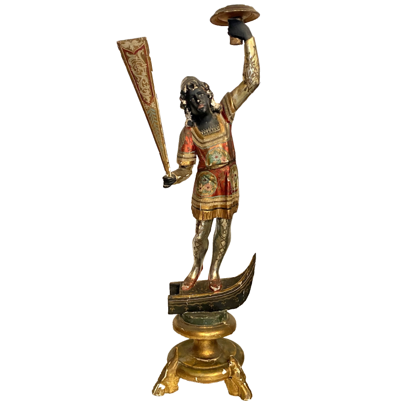 ANTICA SCULTURA LEGNO MORETTO VENEZIANO GONDOLIERE LIVREA TORCERE XIX sec 88cm/h
