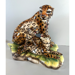 GRANDE RARA SCULTURA CERAMICA FAVARO CECCHETTO ANNI 60 TIGRE LEOPARDO CUCCIOLI