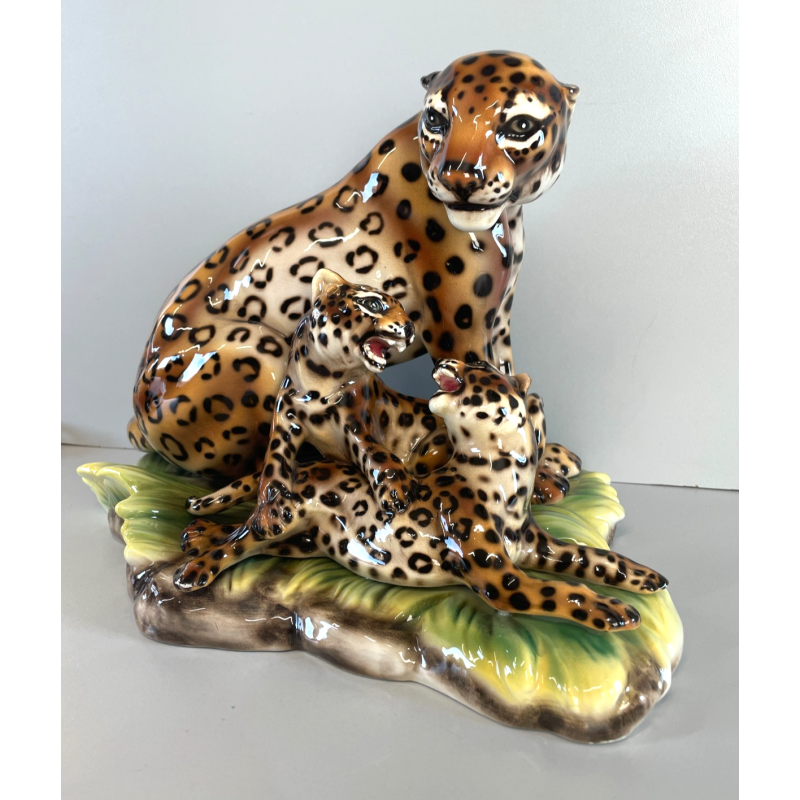 GRANDE RARA SCULTURA CERAMICA FAVARO CECCHETTO ANNI 60 TIGRE LEOPARDO CUCCIOLI