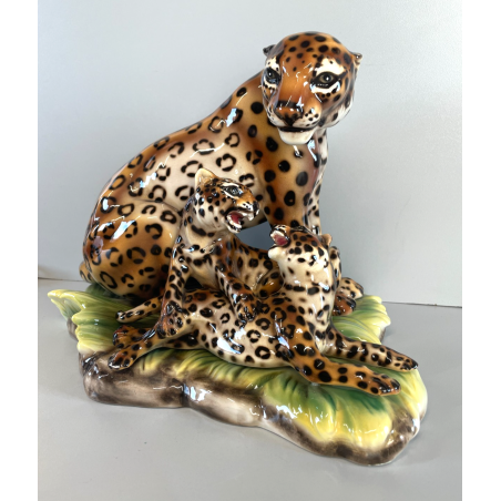 GRANDE RARA SCULTURA CERAMICA FAVARO CECCHETTO ANNI 60 TIGRE LEOPARDO CUCCIOLI