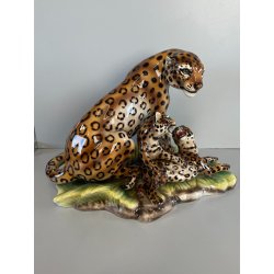 GRANDE RARA SCULTURA CERAMICA FAVARO CECCHETTO ANNI 60 TIGRE LEOPARDO CUCCIOLI