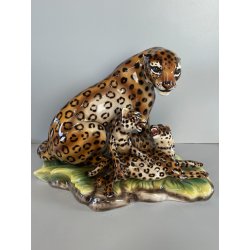 GRANDE RARA SCULTURA CERAMICA FAVARO CECCHETTO ANNI 60 TIGRE LEOPARDO CUCCIOLI
