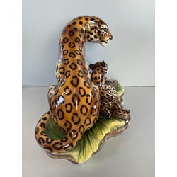 GRANDE RARA SCULTURA CERAMICA FAVARO CECCHETTO ANNI 60 TIGRE LEOPARDO CUCCIOLI