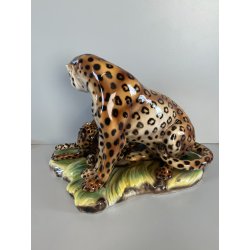 GRANDE RARA SCULTURA CERAMICA FAVARO CECCHETTO ANNI 60 TIGRE LEOPARDO CUCCIOLI