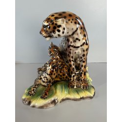 GRANDE RARA SCULTURA CERAMICA FAVARO CECCHETTO ANNI 60 TIGRE LEOPARDO CUCCIOLI