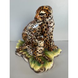 GRANDE RARA SCULTURA CERAMICA FAVARO CECCHETTO ANNI 60 TIGRE LEOPARDO CUCCIOLI