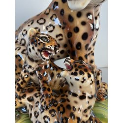 GRANDE RARA SCULTURA CERAMICA FAVARO CECCHETTO ANNI 60 TIGRE LEOPARDO CUCCIOLI