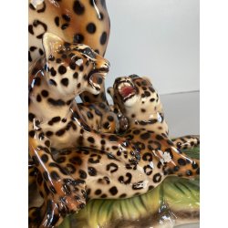 GRANDE RARA SCULTURA CERAMICA FAVARO CECCHETTO ANNI 60 TIGRE LEOPARDO CUCCIOLI