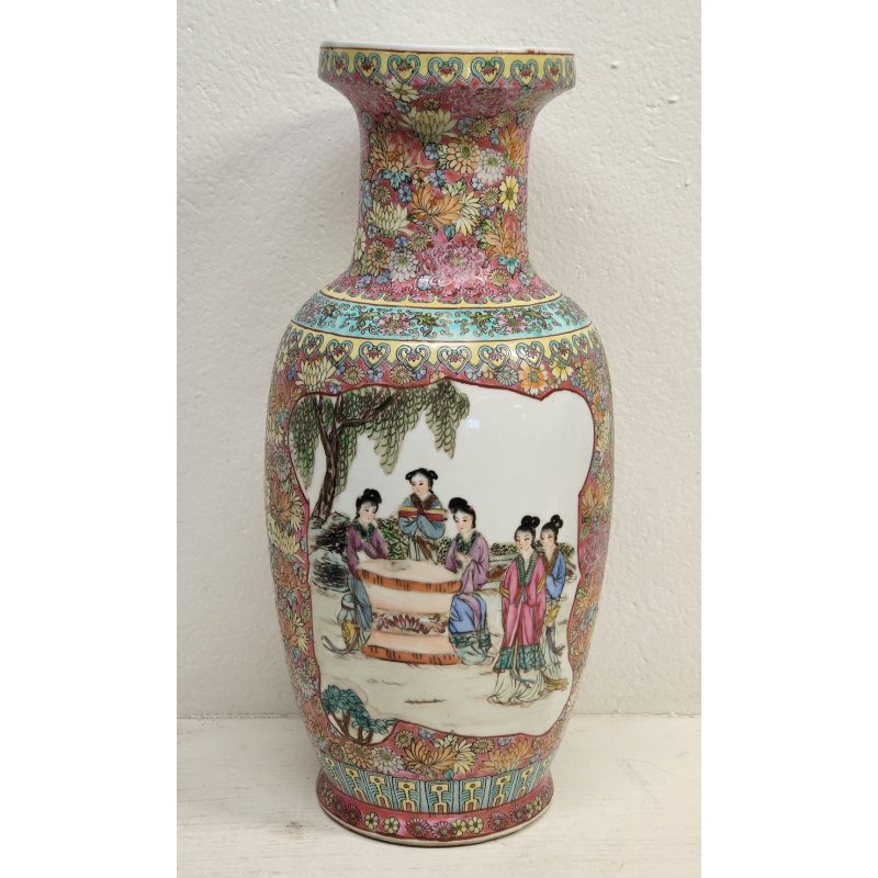 ANTICO VASO CINESE FAMILLE ROSE PORCELLANA DIPINTO FENCAI SCENA QUOTIDIANA FIORI