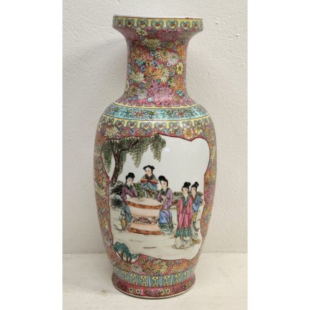 ANTICO VASO CINESE FAMILLE ROSE PORCELLANA DIPINTO FENCAI SCENA QUOTIDIANA FIORI