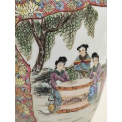 ANTICO VASO CINESE FAMILLE ROSE PORCELLANA DIPINTO FENCAI SCENA QUOTIDIANA FIORI
